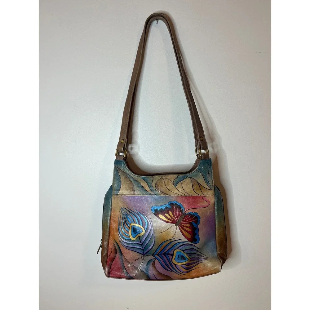 Anna by Anuschka Hand Painted Leather Butterfly Peacock Bag Vintage y2k Boho - Picture 2 of 7